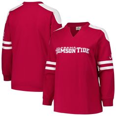 Stay cozy and spirited all season long with this Alabama Crimson Tide Plus Size Contrast Sleeve Fleece Pullover Sweatshirt from Fanatics. The sewn-on shoulder patches and sleeve stripes create a classic collegiate look, while distressed screen print graphics on the front and left upper sleeve add a touch of vintage charm. Plus, a soft fleece lining provides an extra layer of warmth for those chilly game days in Tuscaloosa. Team-colored Long Sleeve Sweatshirt For Winter, Collegiate Long Sleeve Loungewear Top, Collegiate Long Sleeve Tops For Loungewear, University Red Varsity Top For Fall, Fall Varsity Long Sleeve Tops, Long Sleeve Team-colored Tops For Fans, Collegiate Long Sleeve Sweater For Game Day, Team Spirit Long Sleeve Sweater For College, Collegiate Sweater For Game Day