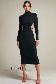 Fisdy - Cuello alto Vestido Midi de manga larga con abertura alta y diseño sin espalda Stylish In Winter, Black Dress Style, Backless Midi Dress, Little Black Dresses, Multi Dress, Custom Size Dresses, High Neck Long Sleeve, Red Midi Dress, Mock Neckline