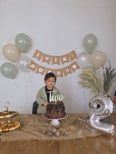 a young boy sitting at a table with a cake in front of him and balloons