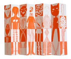 an orange and white drawing of people with masks on their faces, standing in front of each other