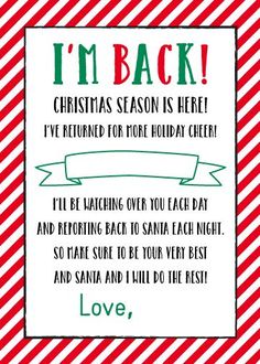 a christmas card with the words i'm back in green and red on it