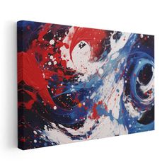 an abstract painting with red, white and blue paint splattered on the canvas