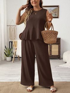 Plus Size Women Summer Solid Color Round Neck Ruffle Hem Camisole And Wide Leg Loose 2 Pieces Set Brown Casual    Plain  Non-Stretch  Women Plus Clothing, size features are:Bust: ,Length: ,Sleeve Length: Sets Outfit, Co Ords, Neck Ruffle, Women's Costumes, Kids Sleepwear, Plus Size Casual, Ruffle Hem, Plus Clothing, Colorful Leggings