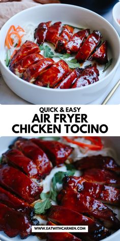 an air fryer chicken with sauce in it and the words quick & easy air fryer chicken tocino