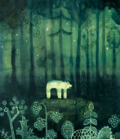 a painting of a polar bear standing in the middle of a forest filled with trees