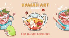 three tea cups filled with different types of food and the words kawaii art