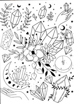 a black and white drawing of flowers, diamonds, and other things in the sky