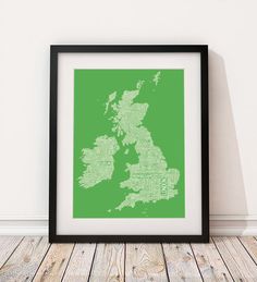 a framed blueprint map of the united kingdom