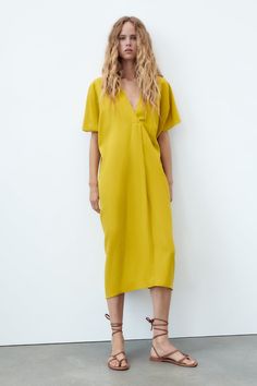 LINEN BLEND TUNIC DRESS - Mustard | ZARA United States Zara Maxi Dress, Linen Tunic Dress, Ribbed Midi Dress, Strapless Midi Dress, Linen Tunic, Cotton Midi Dress, Pleated Midi Dress, Zara Woman