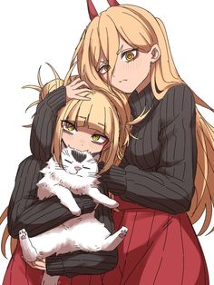 an anime character holding a white cat in her lap and looking at the camera with one eye open