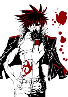 an anime character with blood splattered on his body and black hair, holding a knife