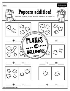 the worksheet for popcorn addition is shown in black and white, with an image of