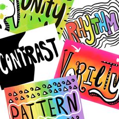 four different types of typograms with the words contrast and pattern on them