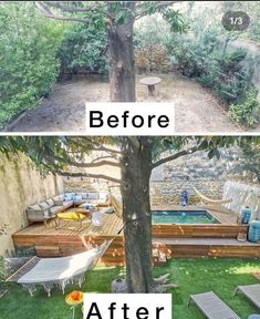 before and after pictures of a backyard with pool, patio furniture and decking area