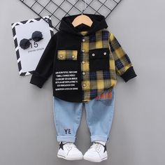 *Title: 2-piece Plaid Hoodie & Jeans for Toddler Boyo Shoes?Wholesale Children's Clothing *Ketword tag: wholesale kids shorts * Season: Summer * Thickness: Regular * Package Include: 2 Pieces * Fabric: Cotton,Spandex * Care Label: On the inside Spring Baby Boy, Black Plaid Shirt, Plaid Hoodie, Newborn Boy Clothes, Denim Suit, Baby Boy Clothing Sets, Set Outfits, Tracksuit Tops