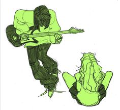 a drawing of a man playing guitar and another person sitting down with their feet on the ground