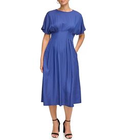 Kensie Short Sleeve Smocked Waist A-Line Midi Dress | Dillard's Casual A-line Midi Dress With Smocked Back, Casual A-line Midi Dress With Pleated Waist, Midi Dress With Smocked Back And Relaxed Fit, Relaxed Fit Midi Dress With Smocked Back, Daywear Midi Dress With Pleated Waist, Solid Color Midi Dress With Pleated Waist For Daywear, Spring Midi Dress With Smocked Back For Work, Rayon Midi Dress With Smocked Back, Spring Workwear Midi Dress With Smocked Back