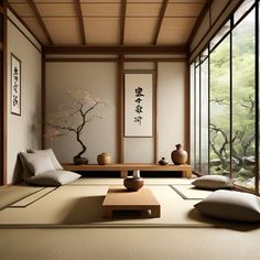 A cute zen styled living room with beige colors. Asian Living Room Designs, Japanese Yoga Studio, Japanese Interior Living Room, Japanese Zen Living Room, Zen Style Living Room, Japan House Interior, Japan Home Interior, Japanese Zen Interior, Japan Living Room