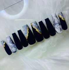 Style used in photo is "Coffin " Hand crafted set of 10 nails *make sure you know your size before ordering. All sales are final. No refunds or exchanges. If your nails do not match our pre-made sets, please select "custom" in the size option and type your measurements. Black Nail With Foil, Blue Black White Nails, Navy Blue Marble Nails, Black And Gold Marble Nails, Black Marble Nail Designs, Black White Gold Nails, Marble Nails White, Black And White Marble Nails, Black And Yellow Nails