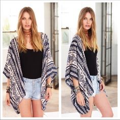 One Size Material Contents: 100% Polyester Casual Open Front Tops For Festival, Casual Beach Wrap Outerwear, Casual Vacation Wrap Outerwear, Casual Wrap Outerwear For Beach, Casual Wrap Outerwear For Vacation, Casual Black Outerwear For Vacation, Print Kimonos, Aztec Print, Womens Tops