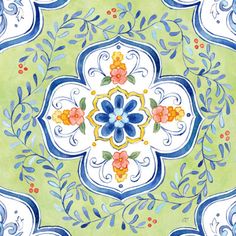 an artistic tile design with flowers and leaves in blue, green, yellow and white colors