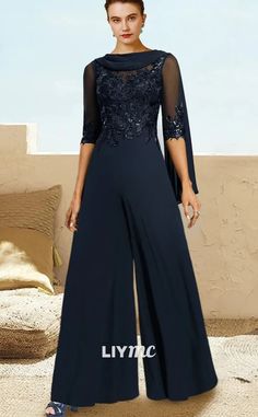 M1016 - Jumpsuit Pantsuit Mother of the Bride Dress Floor Length Half – Liymc Jumpsuit With Overskirt, Bride Dress Elegant, Long Formal Dresses, Homecoming Formal Dresses, Formal Dresses With Sleeves, Mother Wedding Dress, Mob Dresses