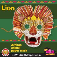 an african animal mask with the word lion on it's face and colorful patterns