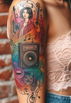 a woman with a tattoo on her arm is holding an old camera and music notes