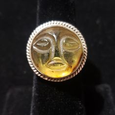 Authentic Amber Moon Face Set In Solid 925 Sterling Silver. Photo Shows Under Uv Light. Size 7 Tag : Moon Amber Semi Precious Stone Reiki Chakra Crystal Rock Birthstone Fair Festival Renaissance Costume Jewelry Ring Natural Stone Gift Uv Glow Natural Genuine Witchy Goth Cosplay Goth Cosplay, Fair Festival, Amber Moon, Witchy Goth, Face Ring, Costume Jewelry Rings, Reiki Chakra, Moon Face, Moon Ring