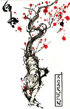 an ink drawing of a tiger with red spots on it's body and tree branches