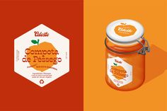 two jars of orange jam on an orange and white background with the label in spanish