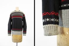 Vintage 1940s Black Wool Sweater Winter Ski Pullover Grey Red Knit - Men's Small Black Vintage Sweater With Fair Isle Pattern, Retro Black Sweater With Fair Isle Pattern, Black Wool Sweater, Sweater Striped, Knit Men, Vintage 40s, Sweater Fits, Favorite Sweater, Red Accents