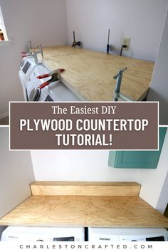 the easy diy plywood countertop is so much fun to do in this small laundry room