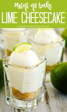 mini cheesecakes with lime and whipped cream in small glass dishes on a wooden table