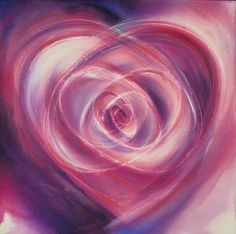 an abstract painting with pink and blue swirls in the shape of a heart on a purple background