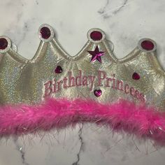 Glitter Birthday Princess Crown. Silver Glitter With Pink “Birthday Princess”, Feather Trim And Gems. Nwot. Crown Silver, Glitter Birthday, Birthday Princess, Feather Trim, Princess Crown, Pink Birthday, Princess Birthday, Silver Glitter, Kids Accessories