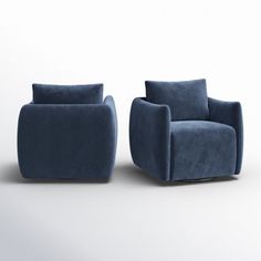 two blue chairs sitting next to each other on a white surface with one chair facing the other