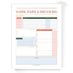 the work hard and dream big planner is shown in red, green, orange and white