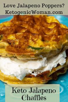 two waffles on a blue plate with the words love jalapeno poppers? keto jalapeno waffles