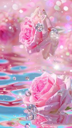 two pink roses floating in water with bubbles