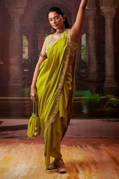 Lime green silk padded blouse with pearl and bead embroidered floral motifs. Comes with draped skirt, saree drape and potli bag. - Aza Fashions Green Draped Silk Sets, Elegant Summer Silk Pre-draped Saree, Green Silk Pre-draped Saree For Evening, Silk Pre-draped Saree For Summer Reception, Green Silk Evening Saree, Green Silk Saree For Evening, Evening Green Silk Saree, Summer Green Pre-draped Saree, Traditional Green Evening Blouse Piece