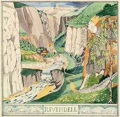 an illustration of a river flowing through a valley