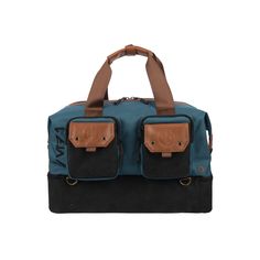 a blue and black duffel bag with two pockets on the front, one has brown handles