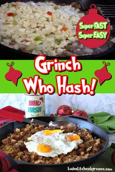 an egg and rice dish in a skillet with the words, grin who hash?