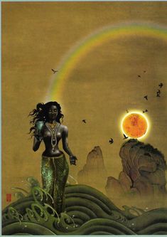 a painting of a woman standing in front of a rainbow