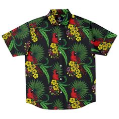 Tropical Macaw Yellow Flowers Hawaiian Button Down Men's Shirt, Hawaiian Beach ShirtStay cool with this fun printed short sleeve button down shirt. It comes in a regular width and spread collar. Perfect for those dressier hot days. Fabric: 100% Polyester Poplin Cotton hand-feel Button placket Regular fit Spread collar High definition printing colors Printed, cut, and hand-sewn by our in-house team Because its handmade for you, these short sleeve button down shirts require 6-8 business days befor Button Down Men, Hawaiian Beach, Shirt Stays, Hawaiian Beaches, Beach Shirt, Flower Shirt, Shirt Collection, Yellow Flower, Beach Shirts