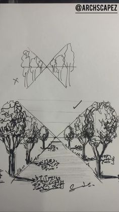 a drawing of some trees in the middle of a field with an arrow above them