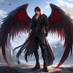 a man with red hair and black wings stands on a cliff looking at the camera