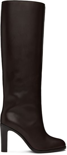 Knee-high buffed calfskin boots in brown. · Pinched seams throughout · Pointed toe · Buffed leather lining · Stacked wooden heel with rubber injection · Leather sole · Heel: H4 Supplier color: Dark brown Wide Shaft Boots, Pretty Fits, Shaft Boots, Wooden Heel, Knee High, Apparel Accessories, Calf Skin, The Row, Dark Brown