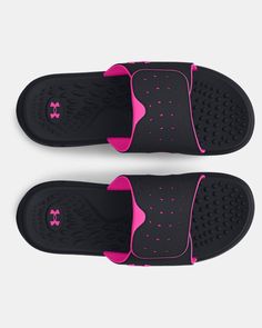 Adjustable synthetic strap with soft foam lining for added comfort & perforations for breathability|Medial strap cut out to help provide strategic pressure point relief|Textured foam footbed for unprecedented comfort|EVA outsole built with durable traction pods in heel for lightweight cushioning & comfort Under Armour Workout Sneakers With Cushioned Footbed, Non-slip Slip-on Sport Sandals, Sporty Non-slip Slides For Outdoor Activities, Functional Sports Slip-on Sandals, Non-slip Sporty Slides For Outdoor Activities, Sporty Non-slip Training Sandals, Sporty Breathable Sport Sandals With Ergonomic Fit, Breathable Sport Sandals, Black Non-slip Sandals With Ergonomic Design